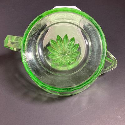LOT 138: Uranium Glass Collection - Juicer, Measuring Cup and Coaster