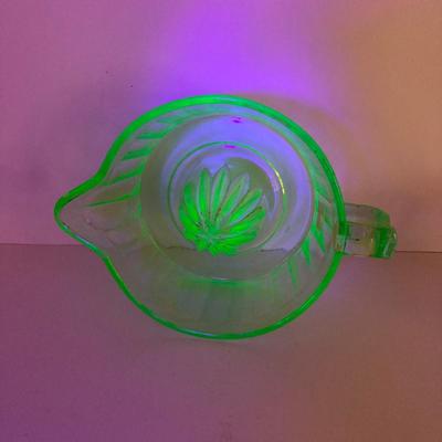 LOT 138: Uranium Glass Collection - Juicer, Measuring Cup and Coaster