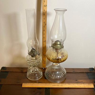LOT 140: Vintage Glass Oil Lamps with Collection of Cat's Meow Philadelphia and Americana Barn Series Collectibles