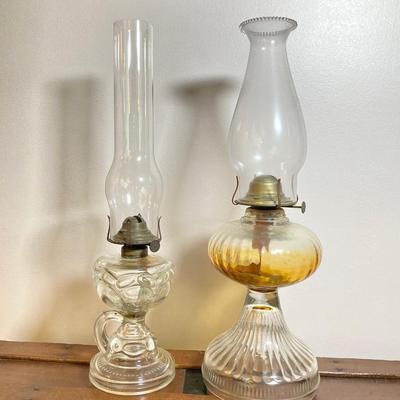 LOT 140: Vintage Glass Oil Lamps with Collection of Cat's Meow Philadelphia and Americana Barn Series Collectibles