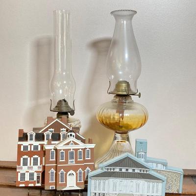 LOT 140: Vintage Glass Oil Lamps with Collection of Cat's Meow Philadelphia and Americana Barn Series Collectibles
