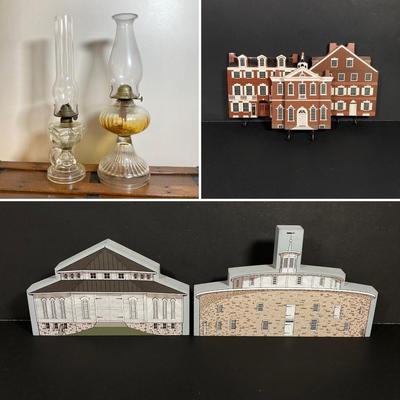 LOT 140: Vintage Glass Oil Lamps with Collection of Cat's Meow Philadelphia and Americana Barn Series Collectibles