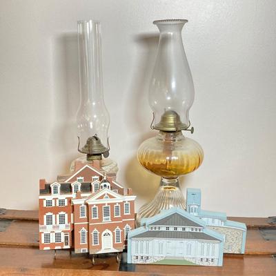 LOT 140: Vintage Glass Oil Lamps with Collection of Cat's Meow Philadelphia and Americana Barn Series Collectibles
