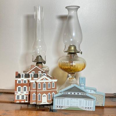 LOT 140: Vintage Glass Oil Lamps with Collection of Cat's Meow Philadelphia and Americana Barn Series Collectibles