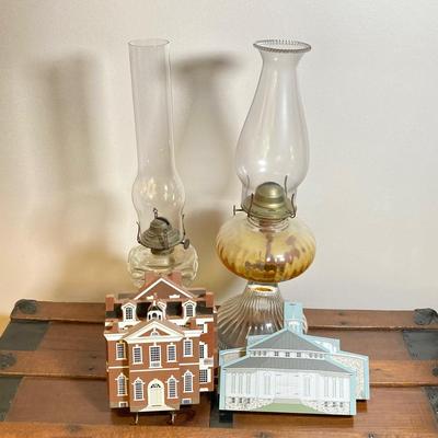 LOT 140: Vintage Glass Oil Lamps with Collection of Cat's Meow Philadelphia and Americana Barn Series Collectibles
