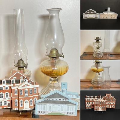 LOT 140: Vintage Glass Oil Lamps with Collection of Cat's Meow Philadelphia and Americana Barn Series Collectibles