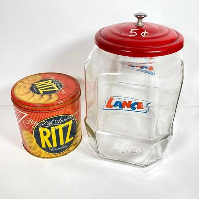 LOT 142: Vintage Glass Lance Display Jar with Lid and Ritz Cracker Tin