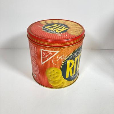 LOT 142: Vintage Glass Lance Display Jar with Lid and Ritz Cracker Tin