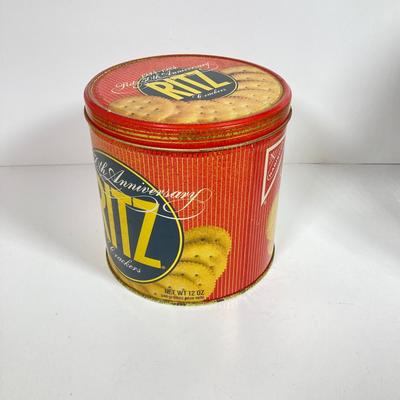 LOT 142: Vintage Glass Lance Display Jar with Lid and Ritz Cracker Tin
