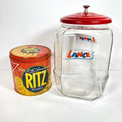 LOT 142: Vintage Glass Lance Display Jar with Lid and Ritz Cracker Tin