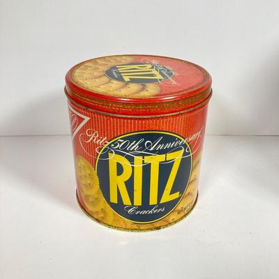 LOT 142: Vintage Glass Lance Display Jar with Lid and Ritz Cracker Tin