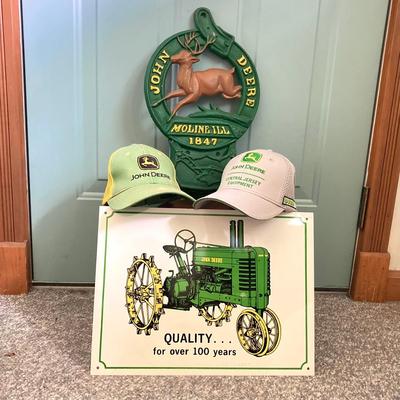 LOT 143: John Deere Tractor Collection - Moline, Ill 1847 Cast Iron Wall Mount Mail Holder / Plaque, Tin Sign, Pair of Caps and More