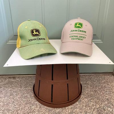 LOT 143: John Deere Tractor Collection - Moline, Ill 1847 Cast Iron Wall Mount Mail Holder / Plaque, Tin Sign, Pair of Caps and More
