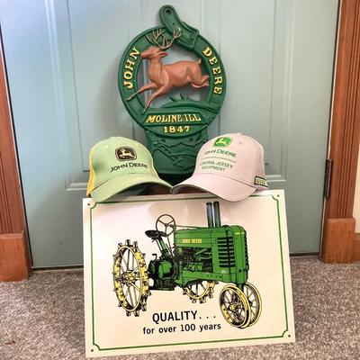 LOT 143: John Deere Tractor Collection - Moline, Ill 1847 Cast Iron Wall Mount Mail Holder / Plaque, Tin Sign, Pair of Caps and More