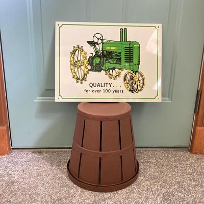 LOT 143: John Deere Tractor Collection - Moline, Ill 1847 Cast Iron Wall Mount Mail Holder / Plaque, Tin Sign, Pair of Caps and More