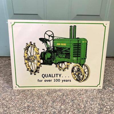 LOT 143: John Deere Tractor Collection - Moline, Ill 1847 Cast Iron Wall Mount Mail Holder / Plaque, Tin Sign, Pair of Caps and More