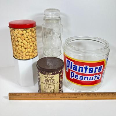 LOT 144: Vintage Glass Planter's Peanuts Display Jar, Planter's Glass Jar with Lid and Vintage Tins