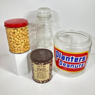 LOT 144: Vintage Glass Planter's Peanuts Display Jar, Planter's Glass Jar with Lid and Vintage Tins