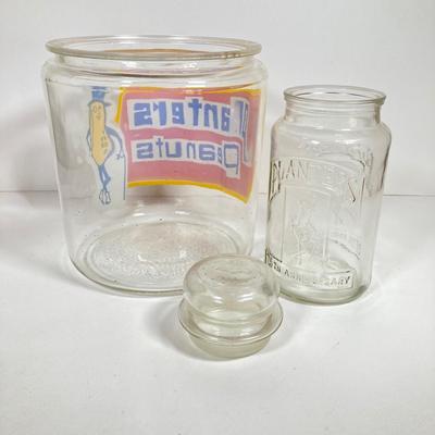 LOT 144: Vintage Glass Planter's Peanuts Display Jar, Planter's Glass Jar with Lid and Vintage Tins