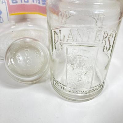 LOT 144: Vintage Glass Planter's Peanuts Display Jar, Planter's Glass Jar with Lid and Vintage Tins