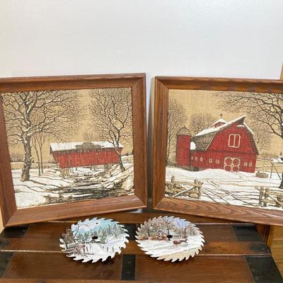 LOT 146: Pair of Vintage Kay Dee Handprints Pure Linen Wall Hangings with Signed and Painted Decorative Saw Blades