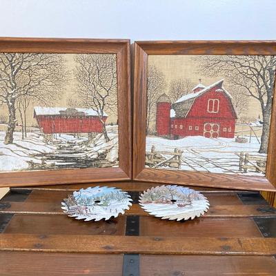 LOT 146: Pair of Vintage Kay Dee Handprints Pure Linen Wall Hangings with Signed and Painted Decorative Saw Blades