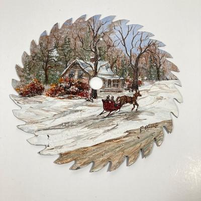 LOT 146: Pair of Vintage Kay Dee Handprints Pure Linen Wall Hangings with Signed and Painted Decorative Saw Blades