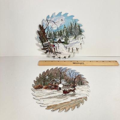 LOT 146: Pair of Vintage Kay Dee Handprints Pure Linen Wall Hangings with Signed and Painted Decorative Saw Blades