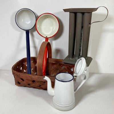 LOT 147: Vintage Kitchen / Farmhouse Collection - Match Holder, Enamel Ladles, Candle Holder, Tins and More