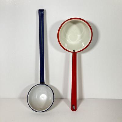 LOT 147: Vintage Kitchen / Farmhouse Collection - Match Holder, Enamel Ladles, Candle Holder, Tins and More