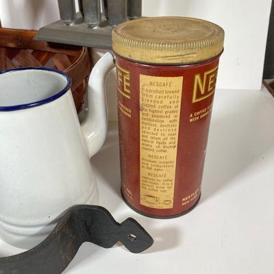 LOT 147: Vintage Kitchen / Farmhouse Collection - Match Holder, Enamel Ladles, Candle Holder, Tins and More