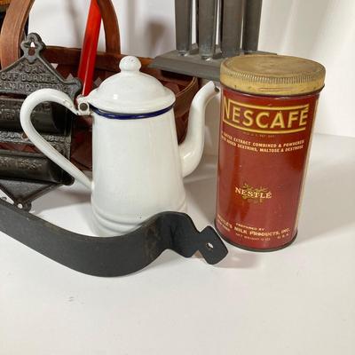 LOT 147: Vintage Kitchen / Farmhouse Collection - Match Holder, Enamel Ladles, Candle Holder, Tins and More