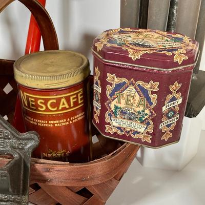LOT 147: Vintage Kitchen / Farmhouse Collection - Match Holder, Enamel Ladles, Candle Holder, Tins and More