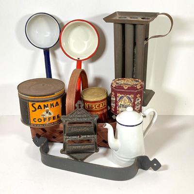 LOT 147: Vintage Kitchen / Farmhouse Collection - Match Holder, Enamel Ladles, Candle Holder, Tins and More