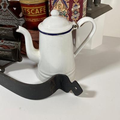 LOT 147: Vintage Kitchen / Farmhouse Collection - Match Holder, Enamel Ladles, Candle Holder, Tins and More