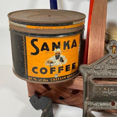 LOT 147: Vintage Kitchen / Farmhouse Collection - Match Holder, Enamel Ladles, Candle Holder, Tins and More