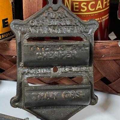 LOT 147: Vintage Kitchen / Farmhouse Collection - Match Holder, Enamel Ladles, Candle Holder, Tins and More