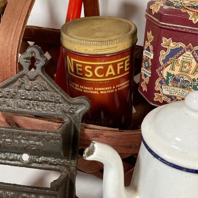LOT 147: Vintage Kitchen / Farmhouse Collection - Match Holder, Enamel Ladles, Candle Holder, Tins and More