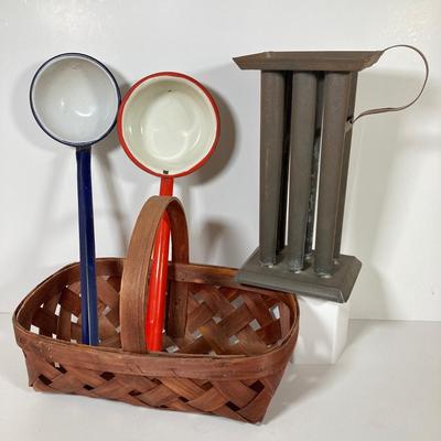 LOT 147: Vintage Kitchen / Farmhouse Collection - Match Holder, Enamel Ladles, Candle Holder, Tins and More