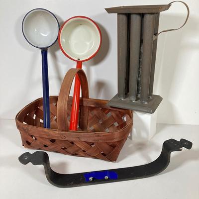 LOT 147: Vintage Kitchen / Farmhouse Collection - Match Holder, Enamel Ladles, Candle Holder, Tins and More