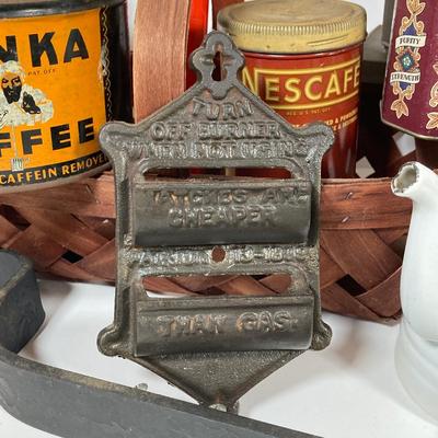 LOT 147: Vintage Kitchen / Farmhouse Collection - Match Holder, Enamel Ladles, Candle Holder, Tins and More
