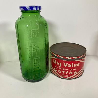 LOT 148: Vintage Farmhouse Decorative Collection - Farmer Brown's / Highland Dairy Bottles, Smucker's Juice / Water Jar, Tins...