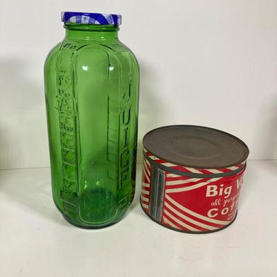 LOT 148: Vintage Farmhouse Decorative Collection - Farmer Brown's / Highland Dairy Bottles, Smucker's Juice / Water Jar, Tins...