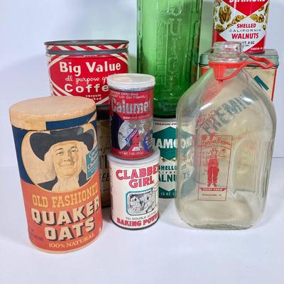 LOT 148: Vintage Farmhouse Decorative Collection - Farmer Brown's / Highland Dairy Bottles, Smucker's Juice / Water Jar, Tins...