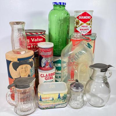 LOT 148: Vintage Farmhouse Decorative Collection - Farmer Brown's / Highland Dairy Bottles, Smucker's Juice / Water Jar, Tins...