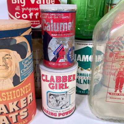 LOT 148: Vintage Farmhouse Decorative Collection - Farmer Brown's / Highland Dairy Bottles, Smucker's Juice / Water Jar, Tins...