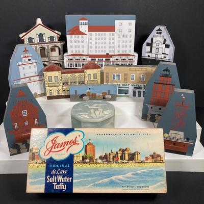 LOT 154: Collection of Cat's Meow Village Replicas Featuring Ocean City, Cape May, Lighthouses, Trinket Box, "The Banning Wharf...