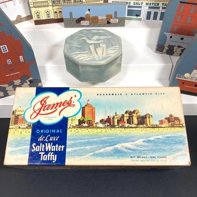 LOT 154: Collection of Cat's Meow Village Replicas Featuring Ocean City, Cape May, Lighthouses, Trinket Box, "The Banning Wharf...