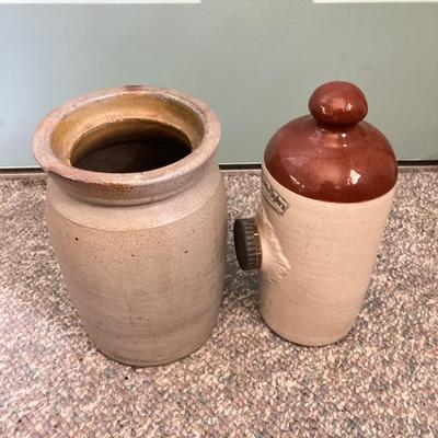 LOT 159: Vintage Pottery Jug, Timothy White & Taylor's Stoneware Hot Water Bottle (Lovatt's Langley Ware England), Ceramic...