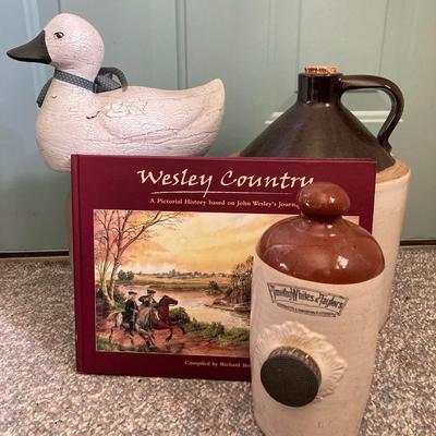LOT 159: Vintage Pottery Jug, Timothy White & Taylor's Stoneware Hot Water Bottle (Lovatt's Langley Ware England), Ceramic...